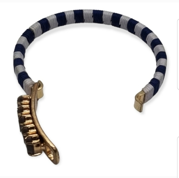 J.CREW VINTAGE BLUE & WHITE STRIPED & JEWEL DETAIL HINGED GOLDTONE BRACELET - Picture 6 of 7